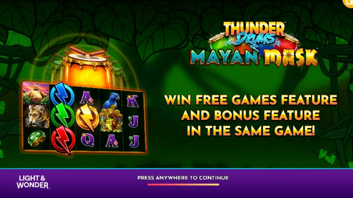 Interface do jogo de slot Thunder Drums Mayan Mask com símbolos maias e efeitos de tempestade